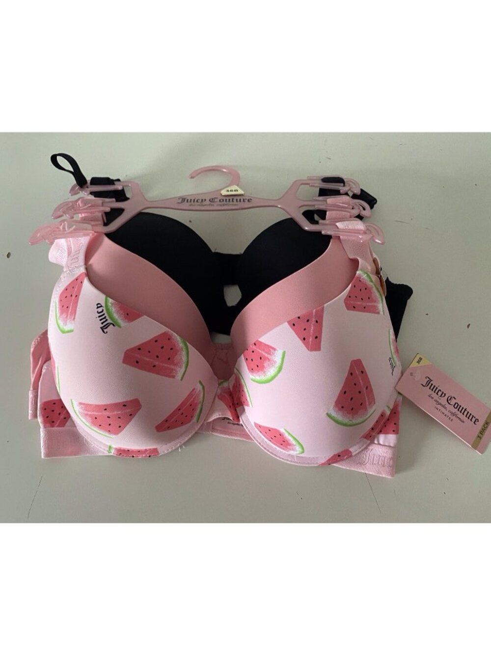 3 Pack Juicy Couture Sexy Push Up Bra Size 36B Watermelon Pink Black Set NEW